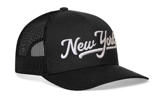 New York City White Script Trucker Haka Hat Black New York Snapback
