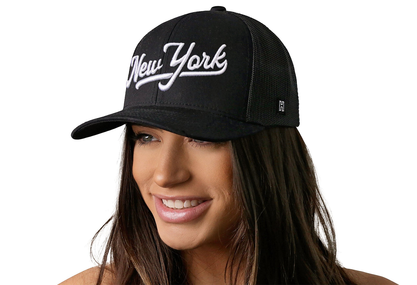 New York City White Script Trucker Haka Hat Black New York Snapback