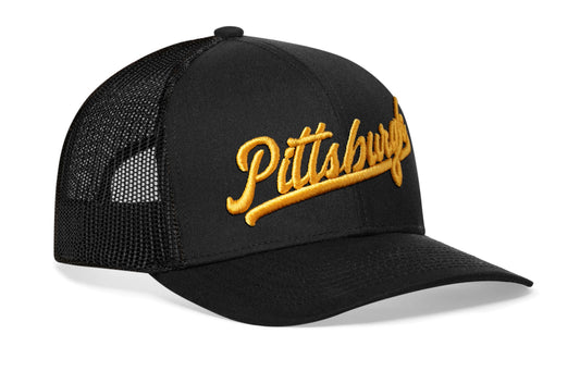 Pittsburgh Gold Script Trucker Haka Hat Black Pennsylvania Snapback
