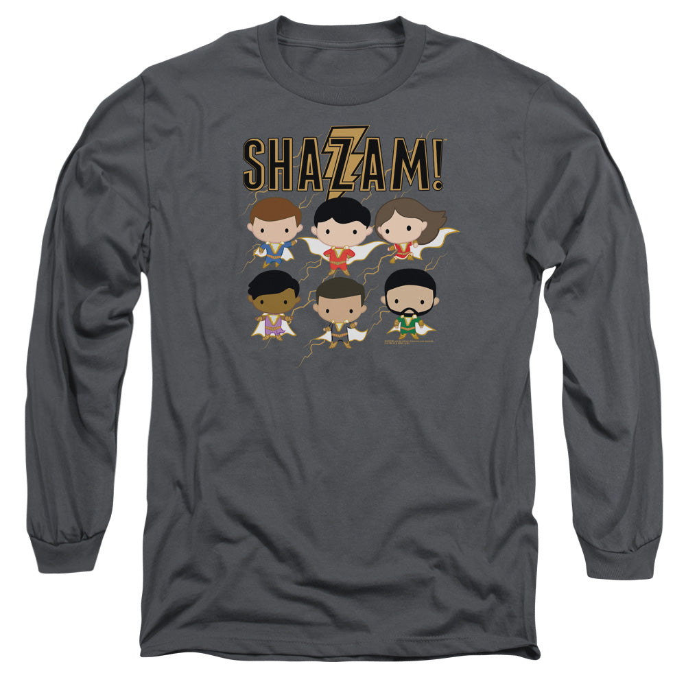 Shazam Movie Chibi Group Mens Long Sleeve Shirt Charcoal Officially Licensed