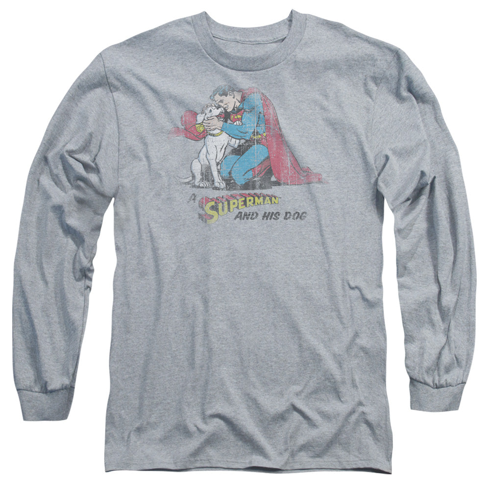 Superman And His Dog Mens Long Sleeve Shirt Athletic Heather Officially Licensed
