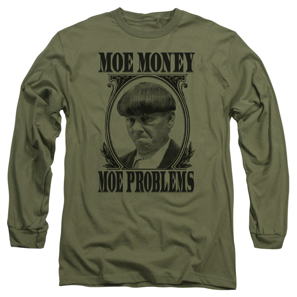 Three Stooges Moe Money Mens Long Sleeve Shirt Military Green Officially Licensed