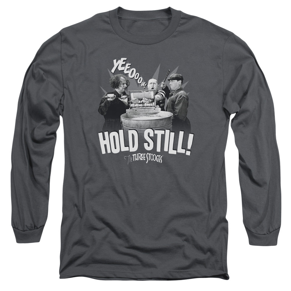 Three Stooges Hold Still Mens Long Sleeve Shirt Charcoal Officially Licensed