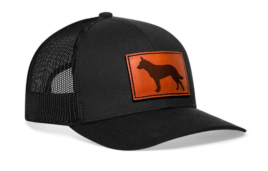German Shepherd Trucker Leather Haka Hat Black Dog Snapback