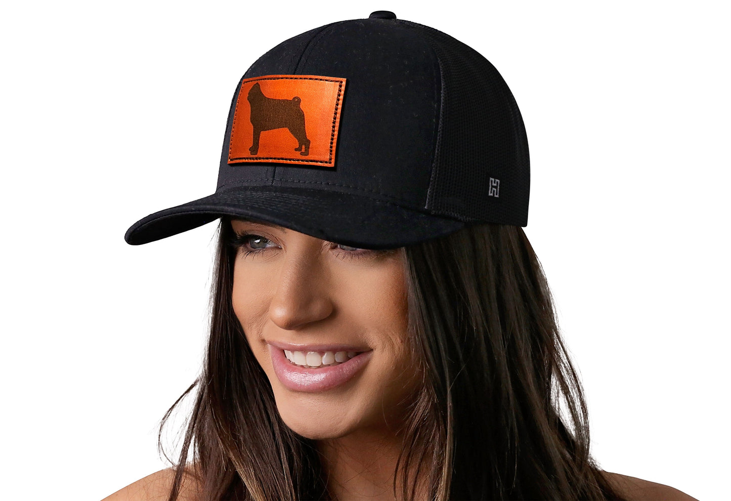 Pug Trucker Leather Haka Hat Black Dog Snapback