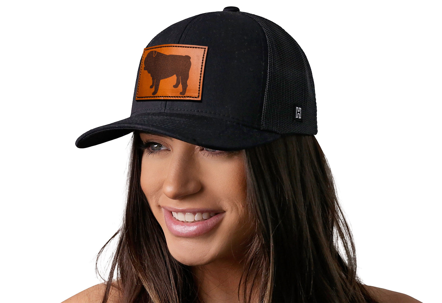 English Bulldog Trucker Leather Haka Hat Black Dog Snapback