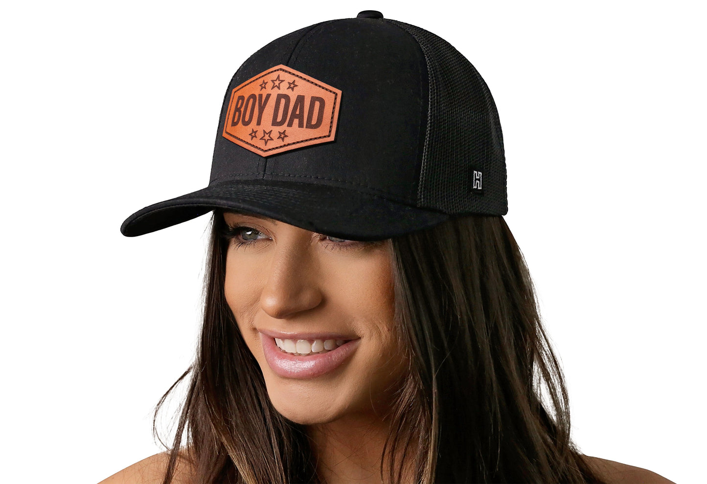 Boy Dad Leather Trucker Haka Hat Black Snapback