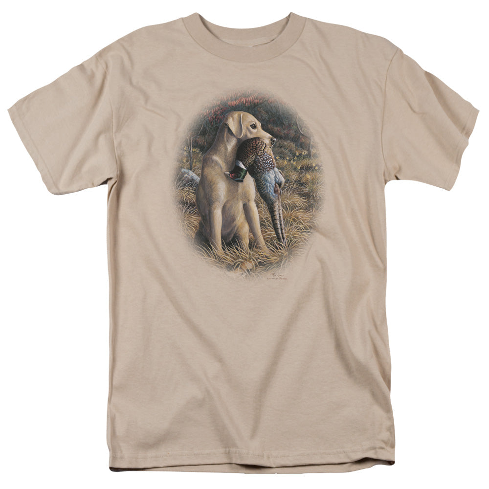 Wildlife Yellow Lab With Pheasant Mens T Shirt Sand