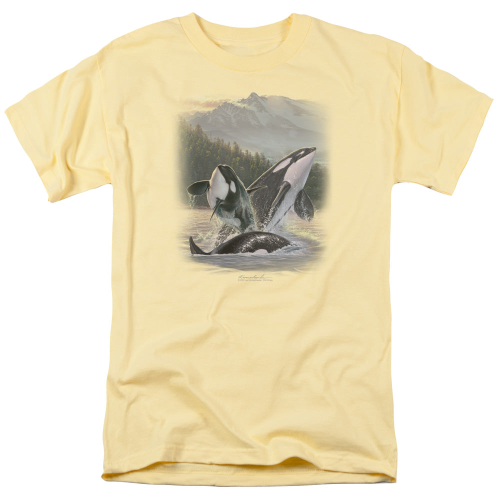 Wildlife Breaching Orcas Mens T Shirt Banana