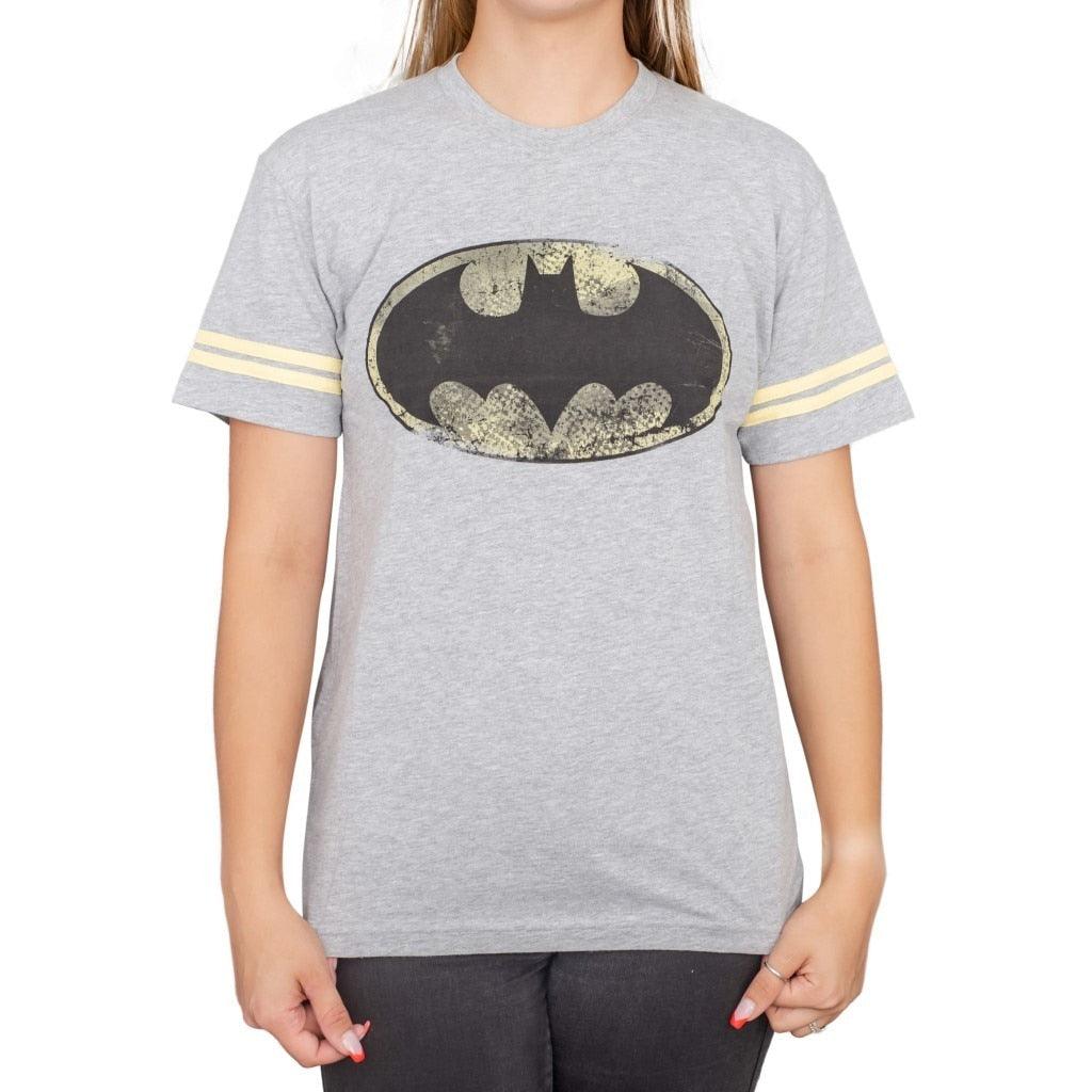 Batman Distressed Logo Striped Sleeves T Shirt