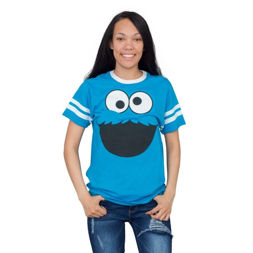 Cookie Monster Face With Striped Seeves T Shirt