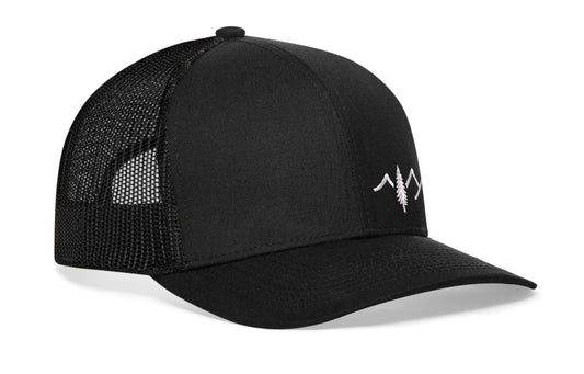 Pine Tree with Mountains Trucker Haka Hat Black Outdoors Snapback