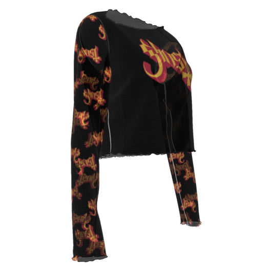 Ghost Patterned Sleeves Women's Mesh Top T Shirt