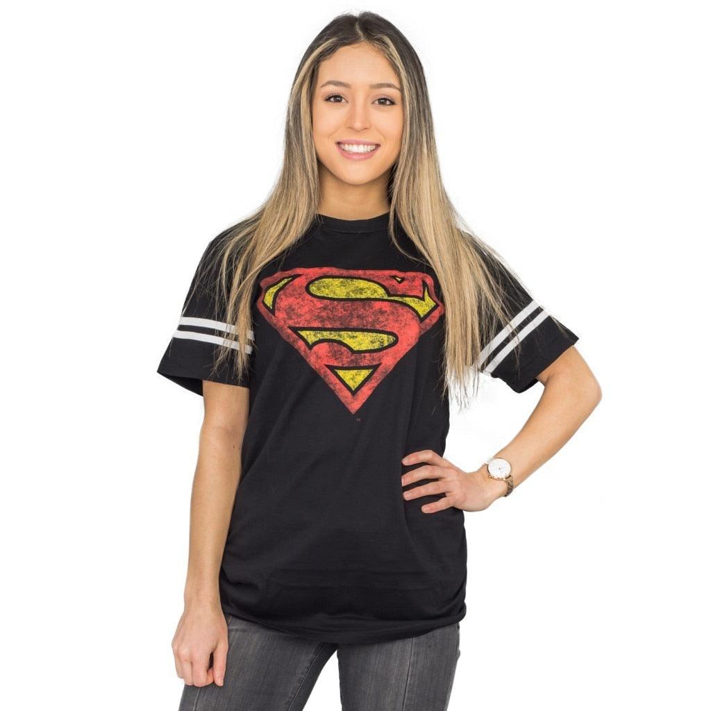 Superman Distressed Logo With Striped Sleeves T Shirt