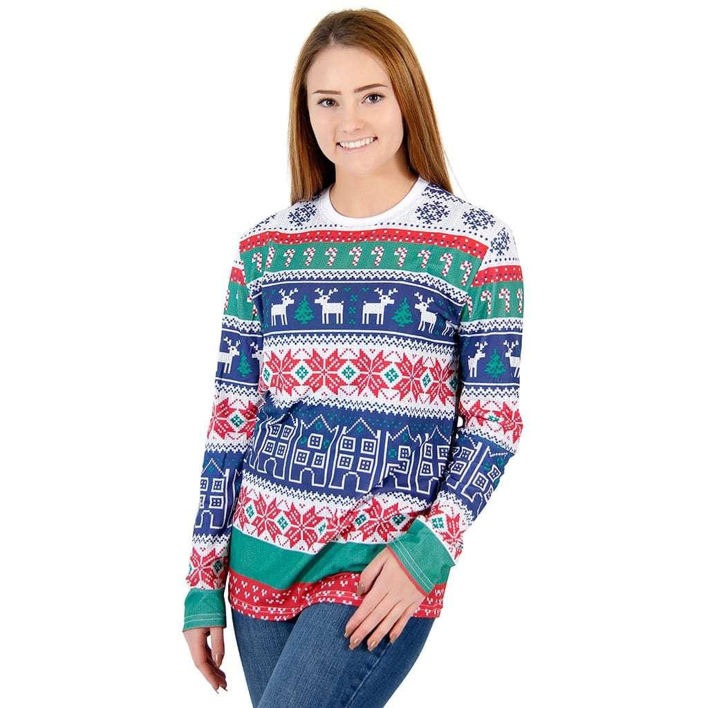 Winter Reindeer Houses All Over Ugly Christmas T Shirt