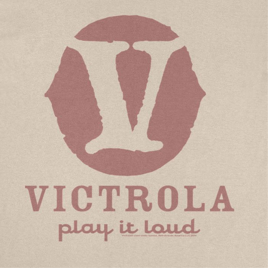 Victrola V Play it Loud Retro Record Company Mens T Shirt Sand