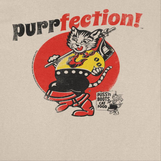 Puss n Boots Retro Cat Food Purrfection Mens T Shirt Sand