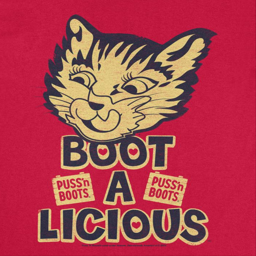 Puss n Boots Boot a Licious Retro Cat Food Mens T Shirt Red