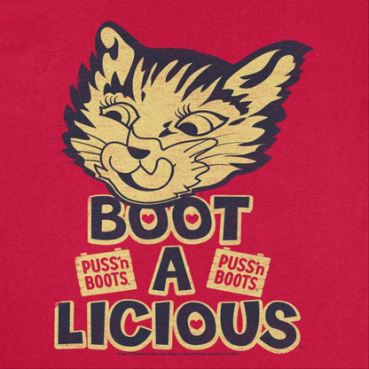Puss n Boots Boot a Licious Retro Cat Food Mens T Shirt Red