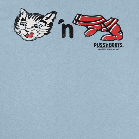 Puss n Boots Retro Cat Food and Boots Mens T Shirt Light Blue