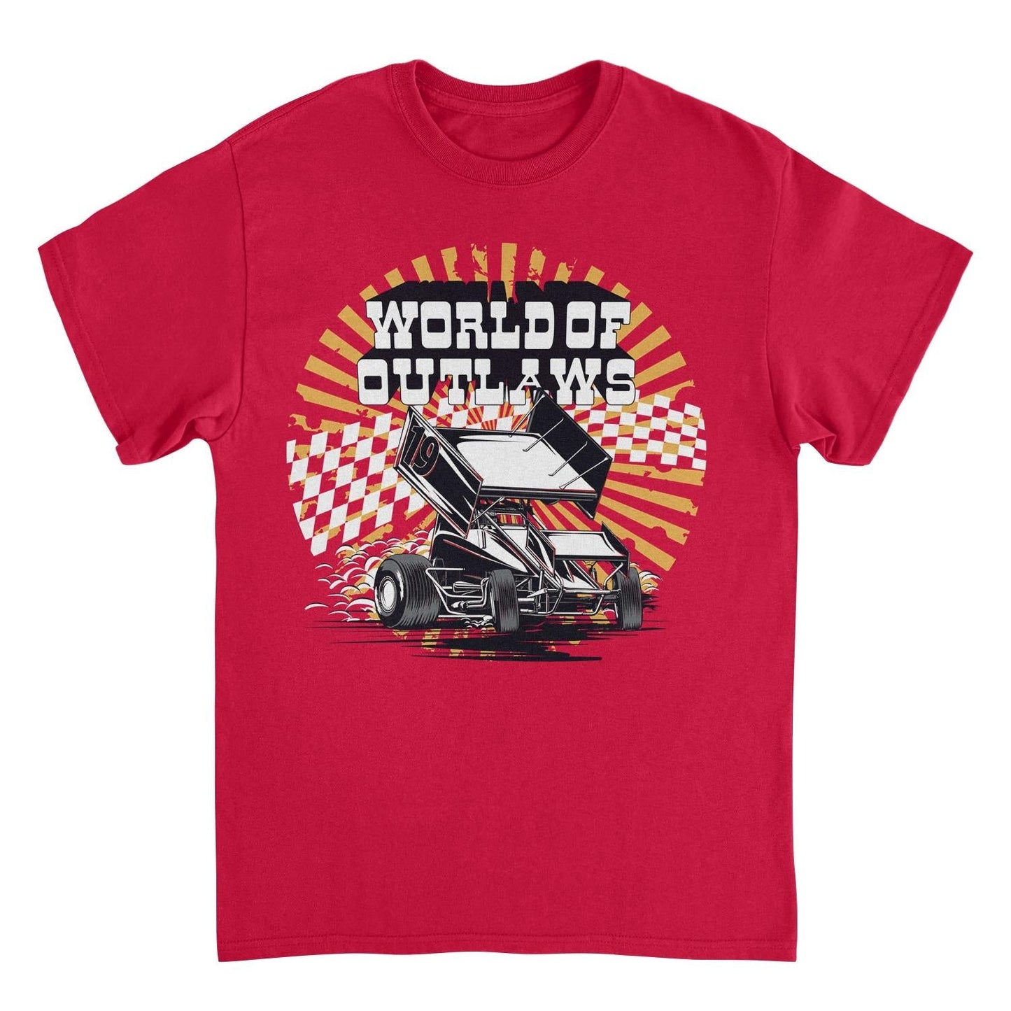 World of Outlaws Yellow Starburst Red Mens T Shirt