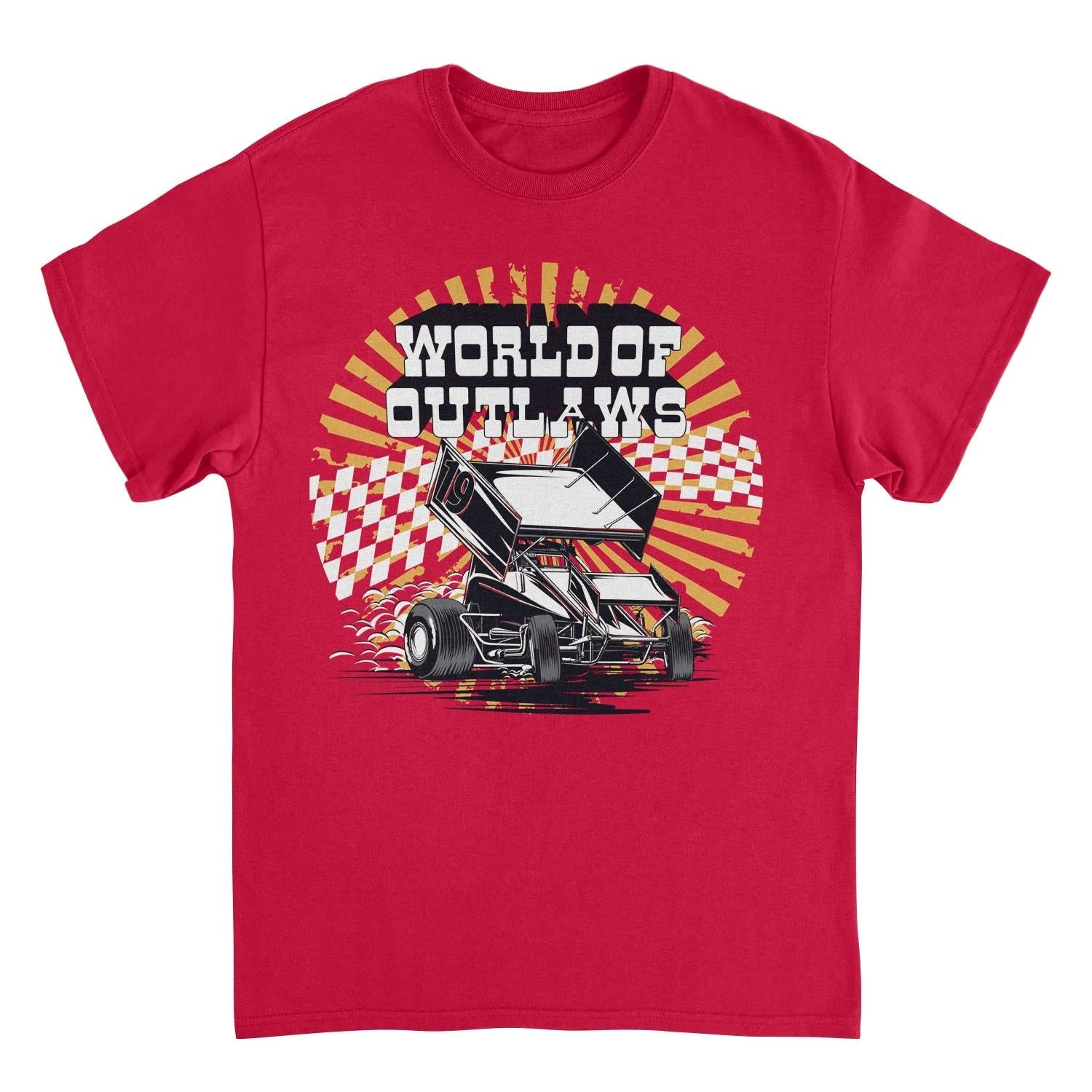 World of Outlaws Yellow Starburst Red Mens T Shirt