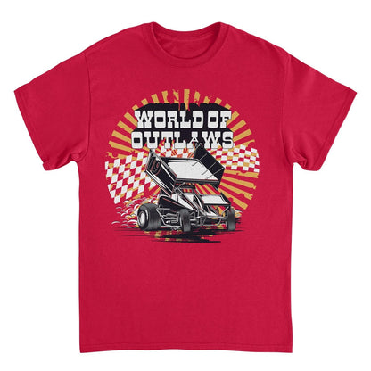 World of Outlaws Yellow Starburst Red Mens T Shirt