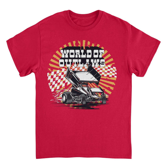 World of Outlaws Yellow Starburst Red Mens T Shirt