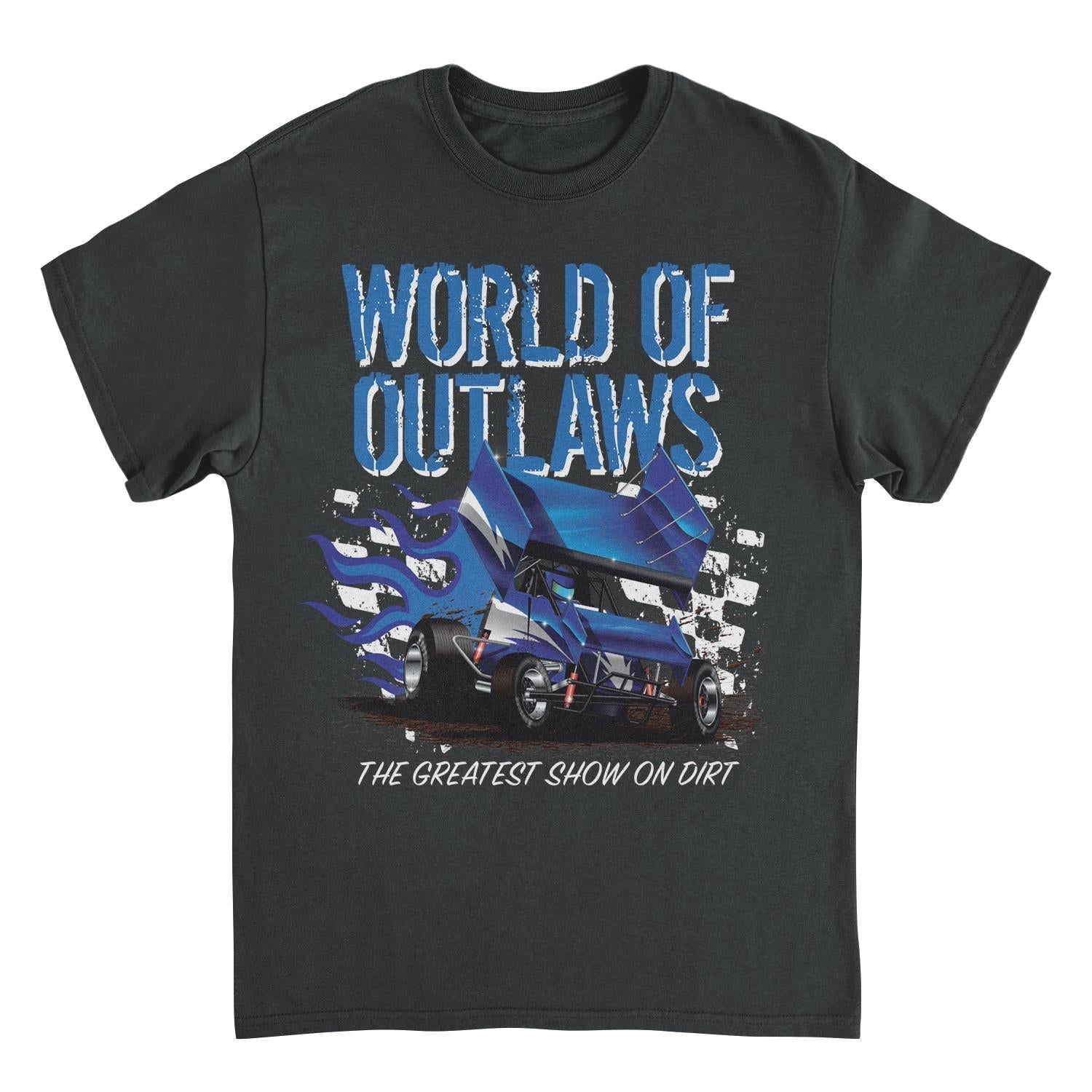 World of Outlaws Blue Fire Black Mens T Shirt