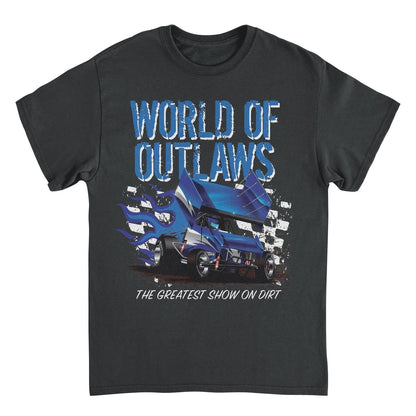 World of Outlaws Blue Fire Black Mens T Shirt