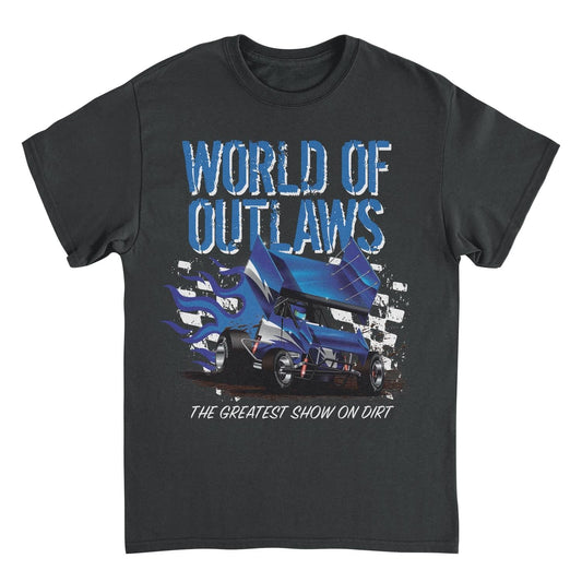 World of Outlaws Blue Fire Black Mens T Shirt