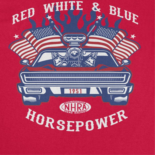 NHRA Red White and Blue Horsepower Blue Heat Mens T Shirt Red