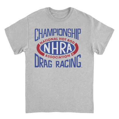 NHRA National Hot Rod Association Drag Racing Red Blue Logo Sport Grey Mens T Shirt