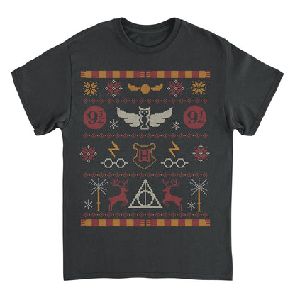 Harry Potter Hogwarts Christmas Pattern Black Mens T Shirt