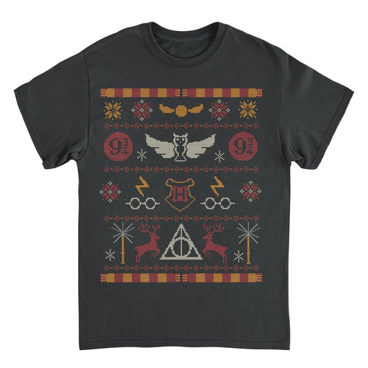 Harry Potter Hogwarts Christmas Pattern Black Mens T Shirt