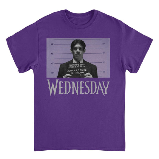 Wednesday Mug Shot Purple Mens T Shirt
