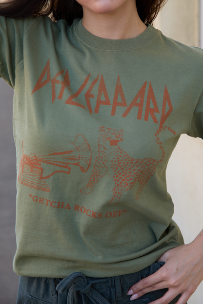 Def Leppard "Getcha Rocks Off" Tee Womens T Shirt Olive Green