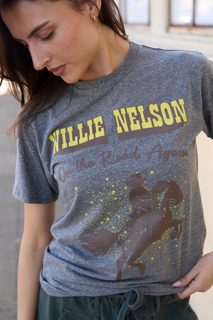 Willie Nelson On The Road Heather Tee Womens T Shirt Grey