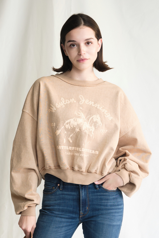 Waylon Jennings Hometown Womens Crewneck Sweatshirt Camel