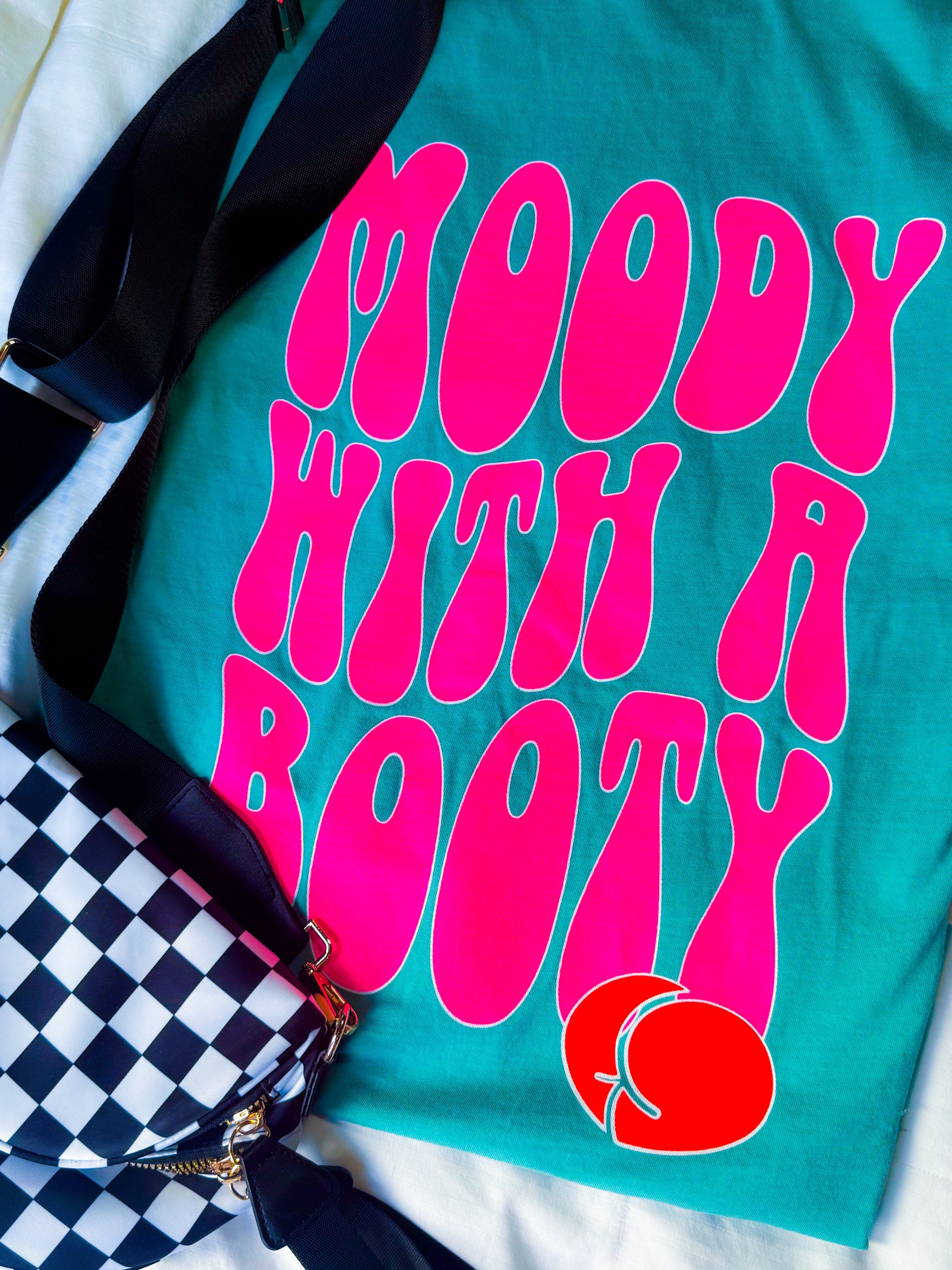 Moody With A Booty Graphic Tee Womens T Shirt Neon Pink and Coral