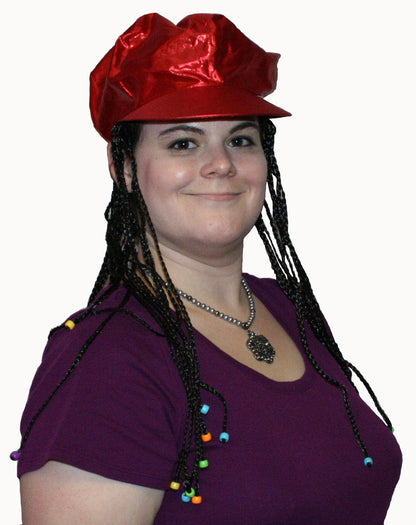 Red Alicia Go Go Cap with Attached Black Braids Wigs and Colorful Beads