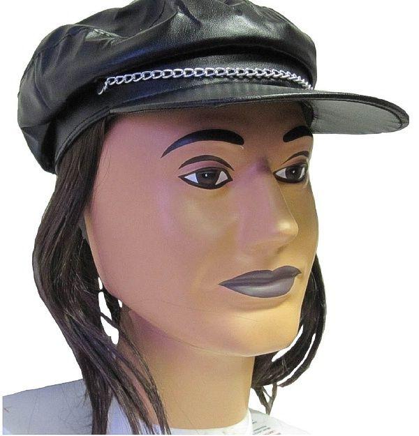 Motorcycle Biker Leather Look Costume Hat Cap with Attached Dark Brown Hair