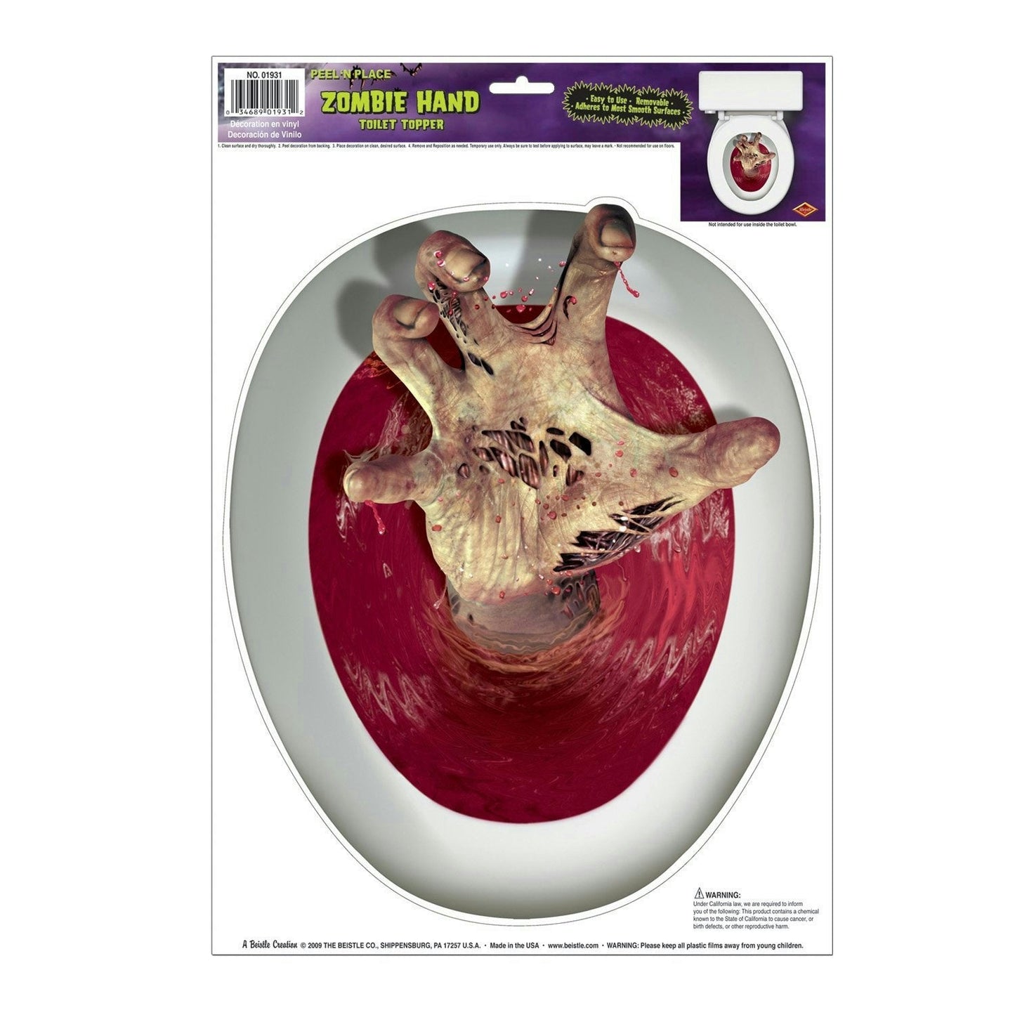 Peel 'N Place Bloody Zombie Hand Toilet Topper Joke Gag