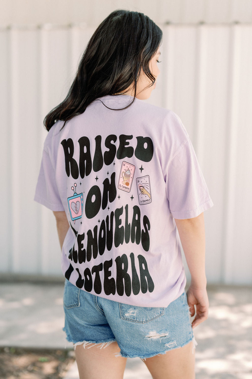 Raised on Telenovelas Y Loteria Graphic Tee Womens T Shirt Purple