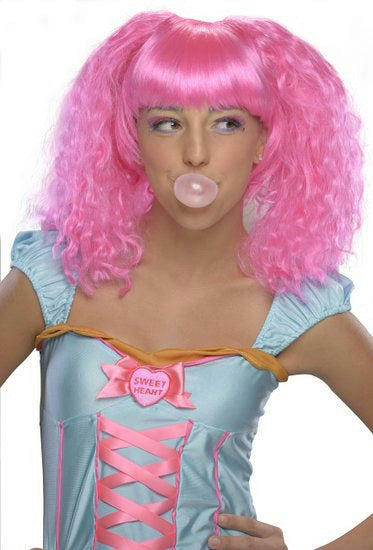 Pink Bubble Gum Doll Style Crimped Wig with Bangs