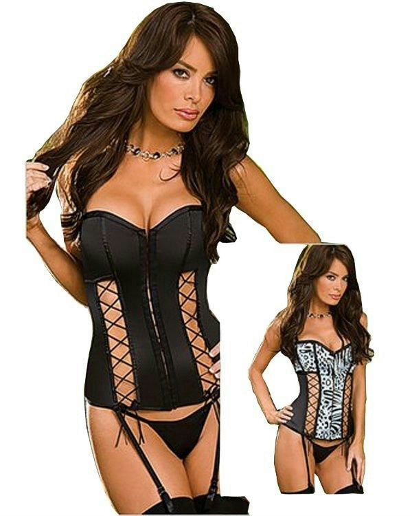 Fully Reversible Black or Blue Leopard Satin Corset Sexy Lingerie Set Size 36