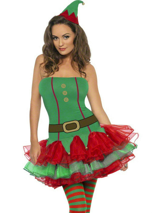 Womens Fever Sexy Red and Green Elf Tutu Dress Adult Costume Size Large