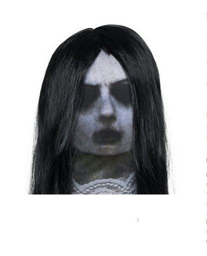 Adult Fabric Ghost Mask with Attached Long Black Wig