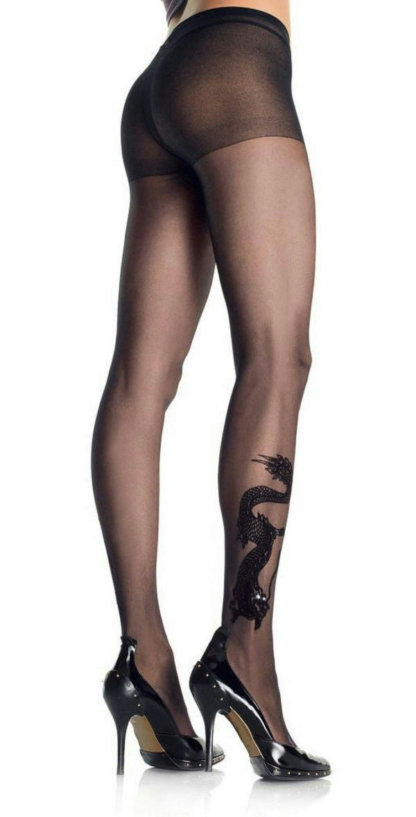 Sheer Pantyhose with Black Dragon Tattoo Design