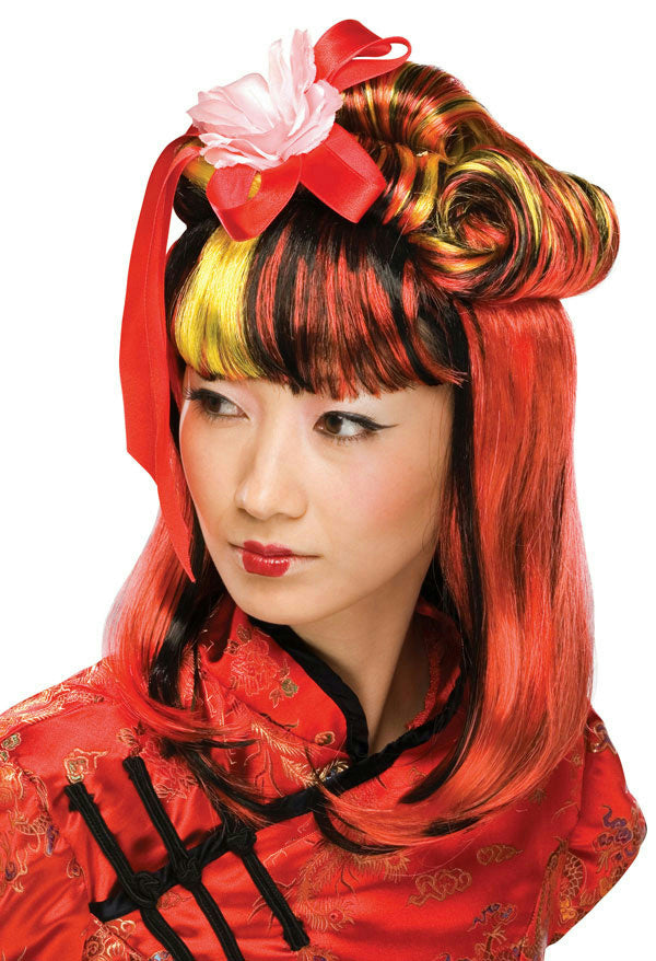 Red Dragon Lady Red and Black Geisha Partial Updo Wig with Flower and Ribbons